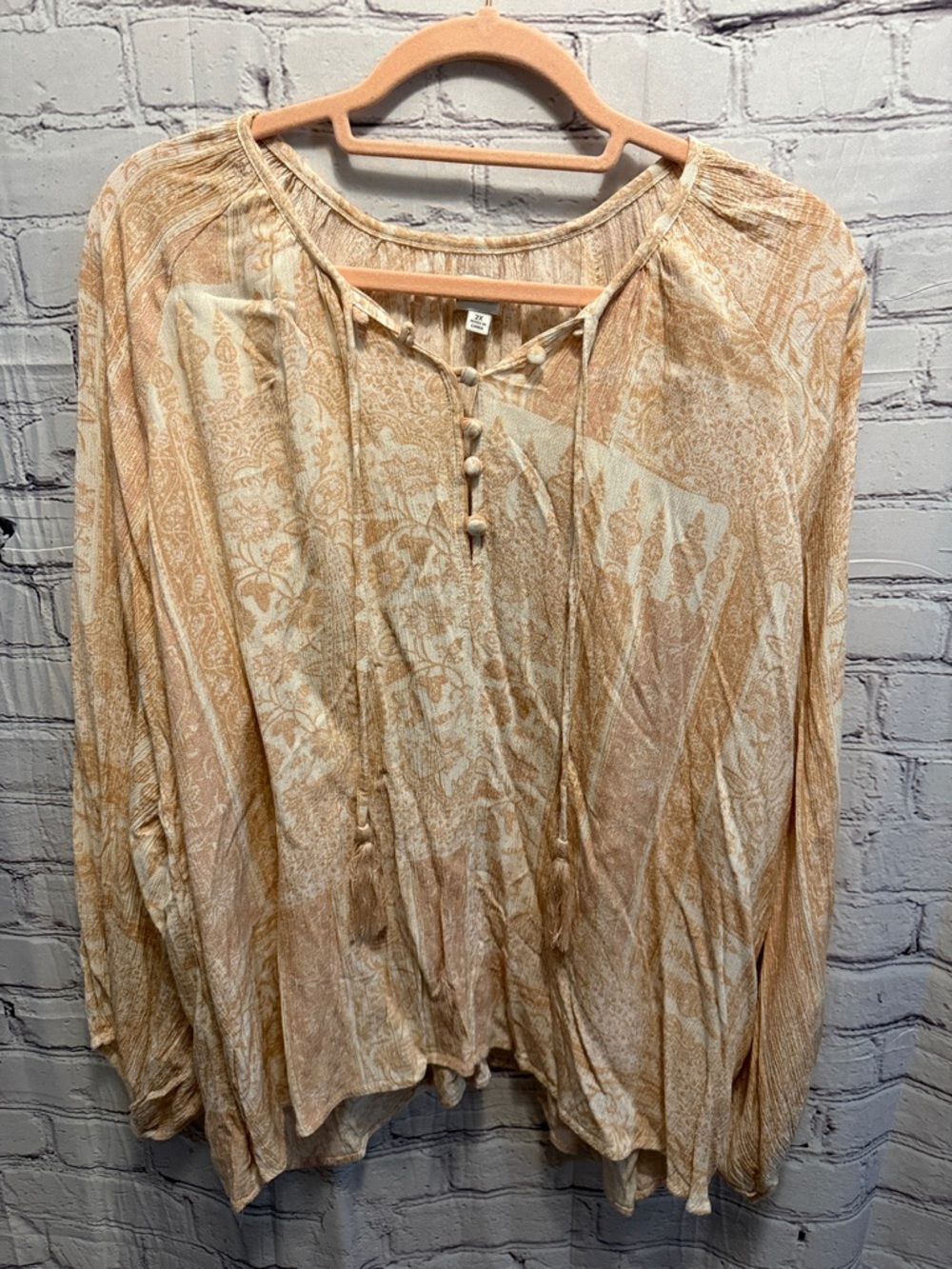 Wonderly Cream & Tan Boho Tie-Front Peasant Blouse